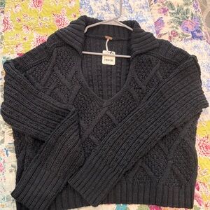 Free People Black Cable Knit V-Neck Sweater